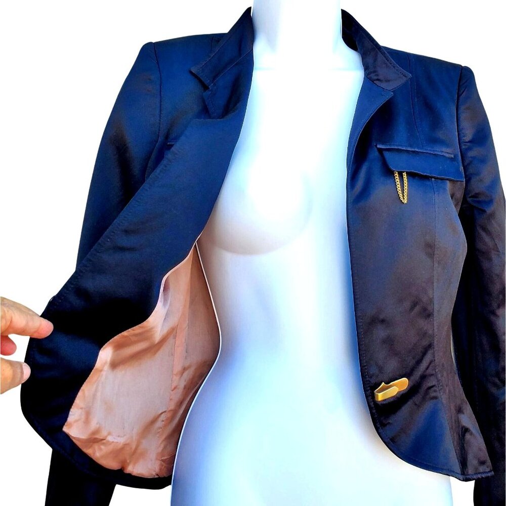 Stella McCartney Black Silk Cropped Jacket S Gold Chain Detail Made in Italy 40